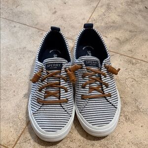 Sperry Navy and White Striped Sneakers with Tan Laces